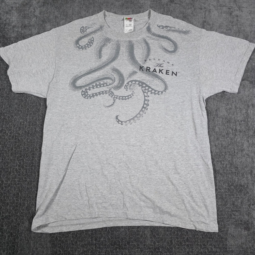 Vtg Fruit of the Loom The Kraken Rum Graphic T-Shirt Mens L Gray Octopus